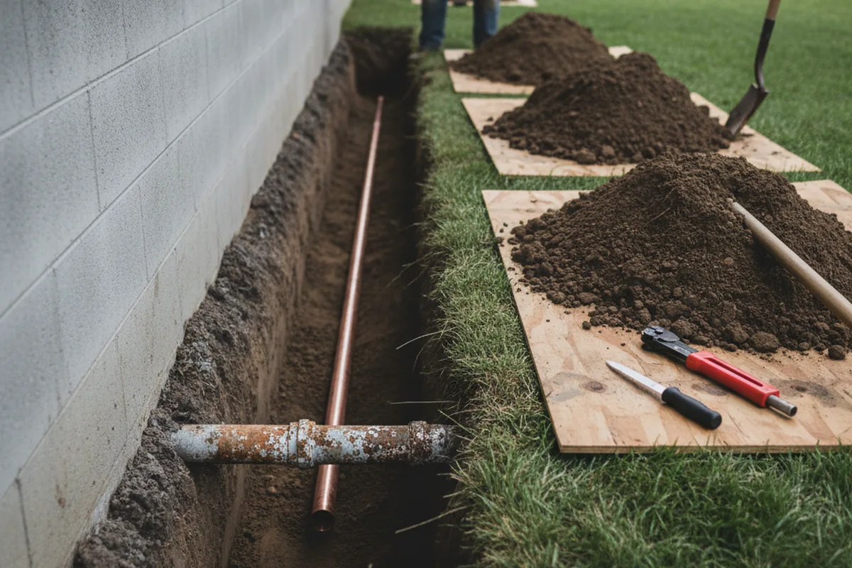 Excavated water line trench during Sewer Line Repair in Torrington
